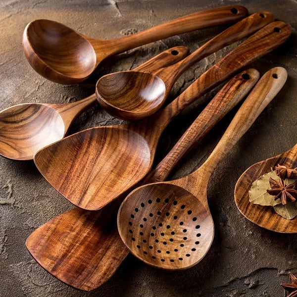 Kit Utensílios de Cozinha 7 Peças em Madeira Teca